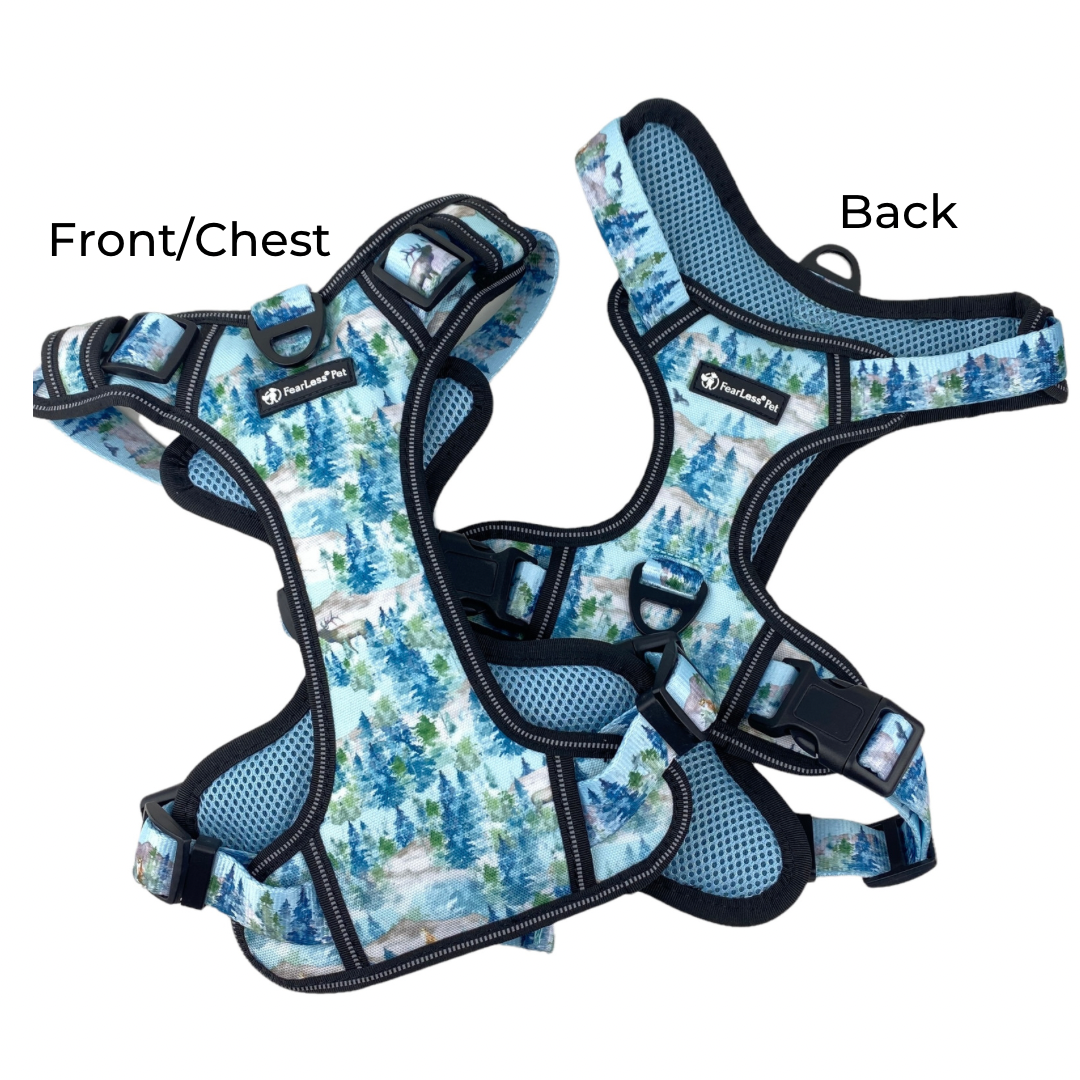 a front and back image of a mountain theme dog harness from fearless pet