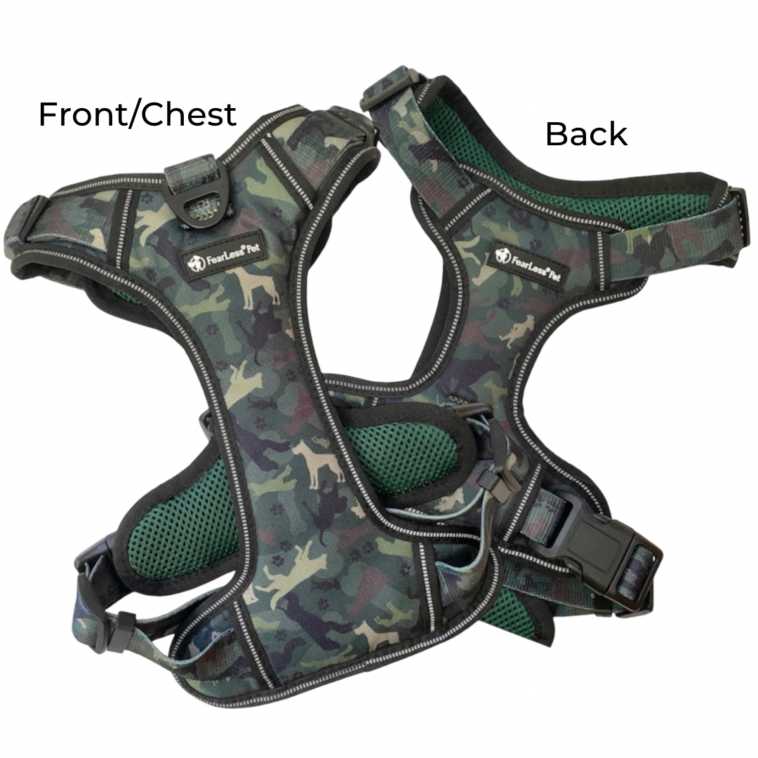 a picture of the front and back view of a green camo dog harness with a white background this harness fits dogs medium and large