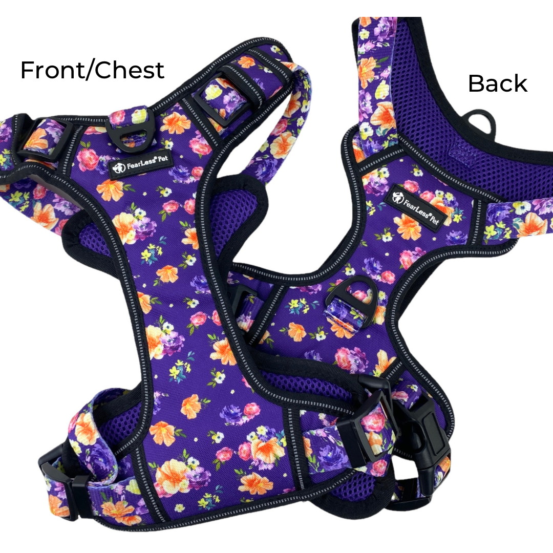 photo of front and back view of a purple floral dog harness by fearless pet