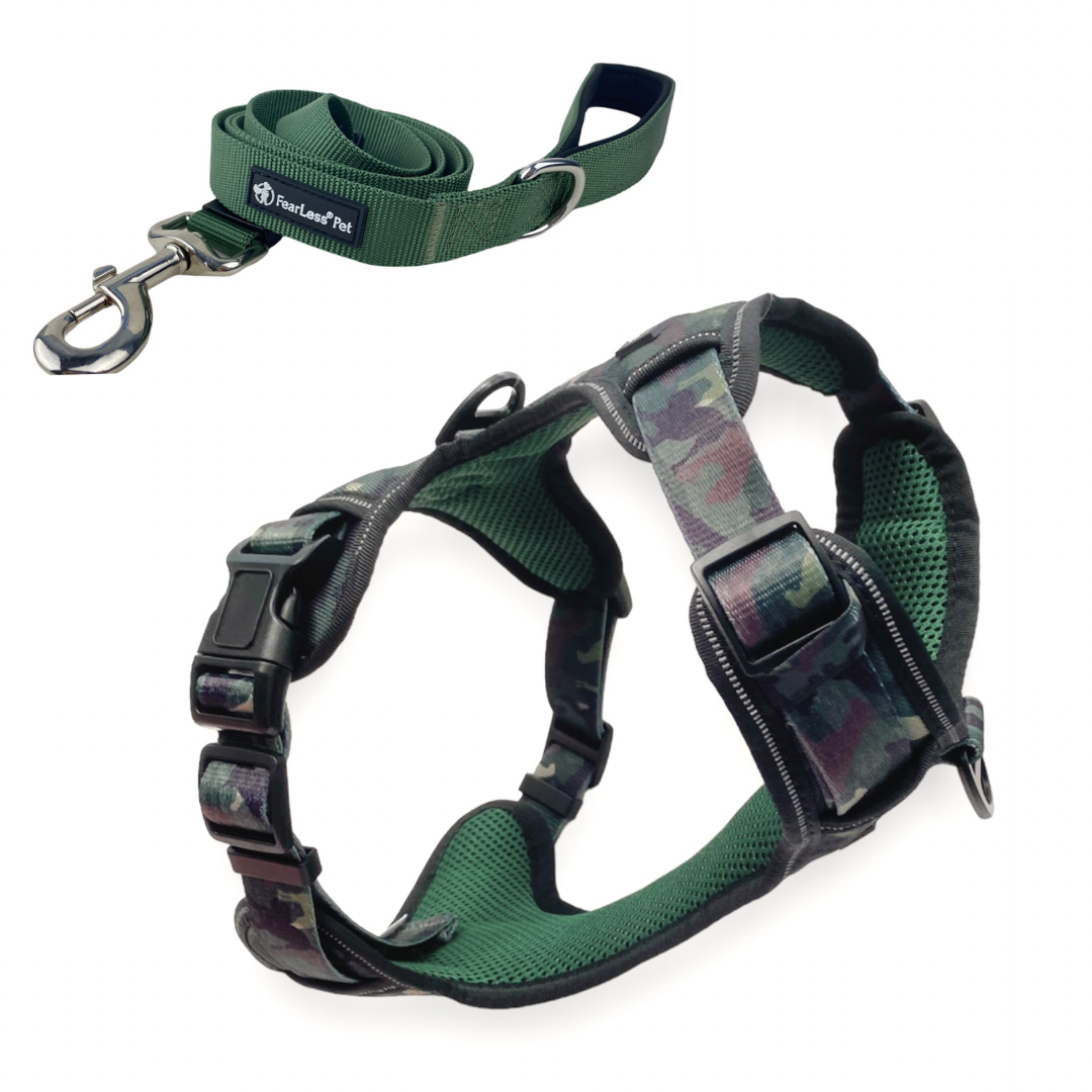a photo of a green leash and green camouflage dog harness as a matching harness and leash set from fearless pet