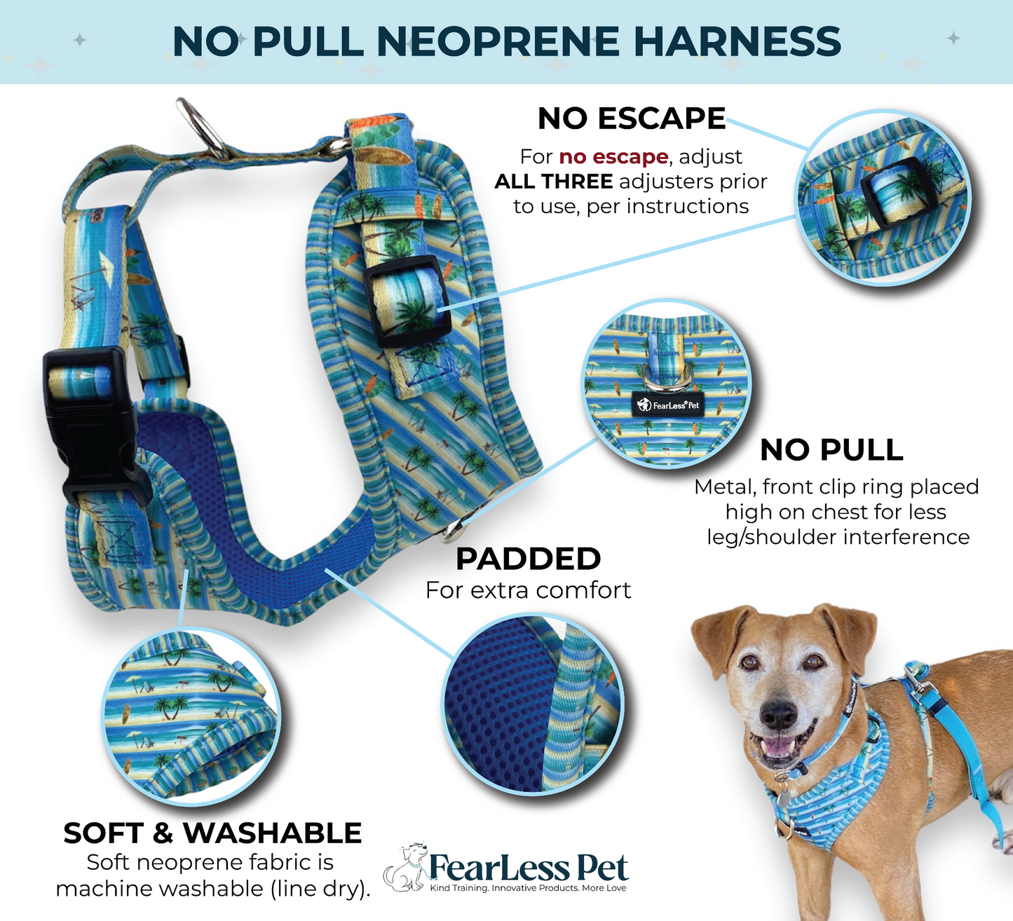 a photo of a beach theme dog harness for small and medium dogs from fearless pet
