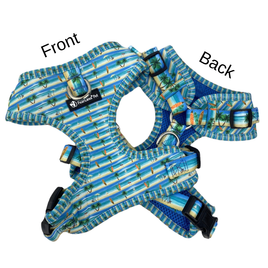 a photo of the front and back of a beach themed harness on a white background with the words front and back indicating each