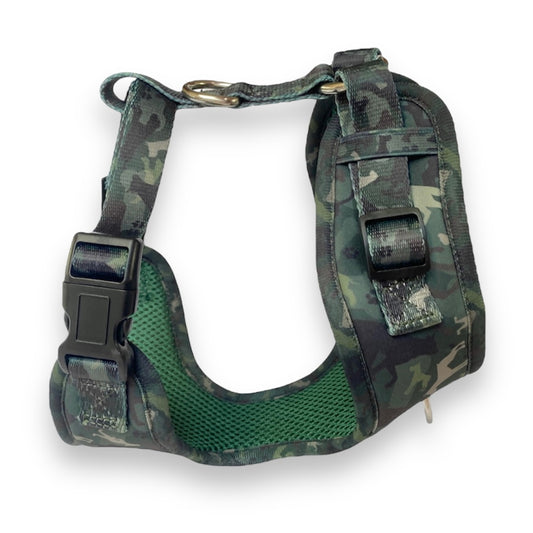 a 3D photo of a green camouflage small padded dog harness by fearless pet on a white background