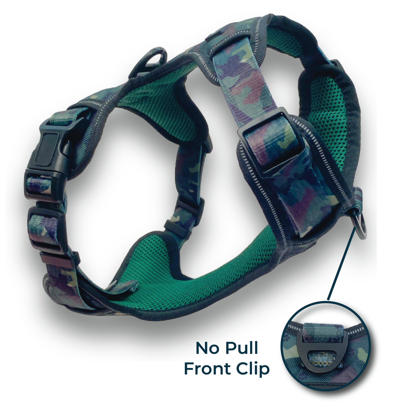 an image of a green camo camouflage dog harness for medium and large dogs with a no pull front clip from fearless pet