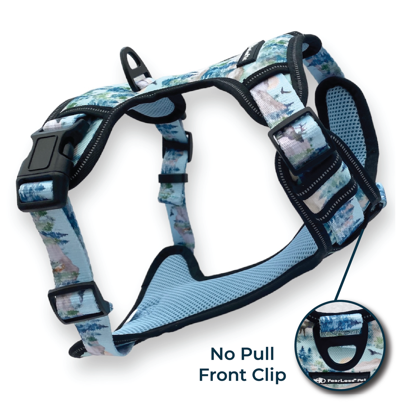 an image of a trees camping theme dog harness for large dogs with a no pull front clip from fearless pet