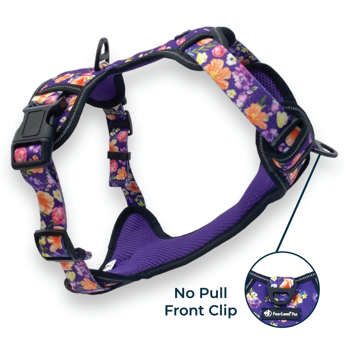 an image of a purple floral girl dog harness for medium and large dogs with a front clip and neck adjusters from fearless pet