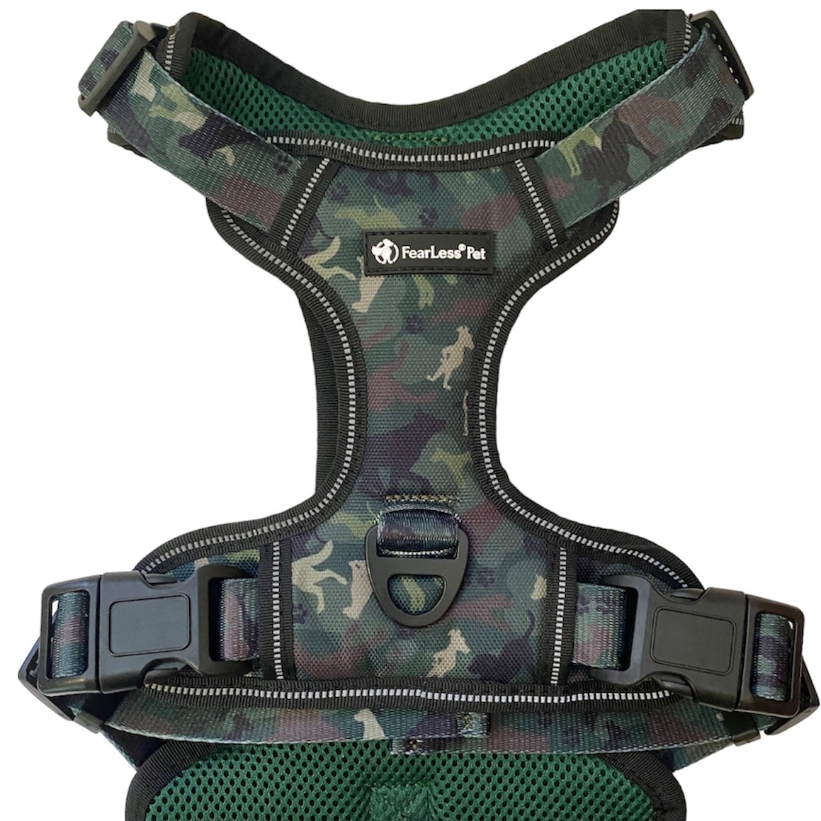 back view photo of a green camo harness on a white background