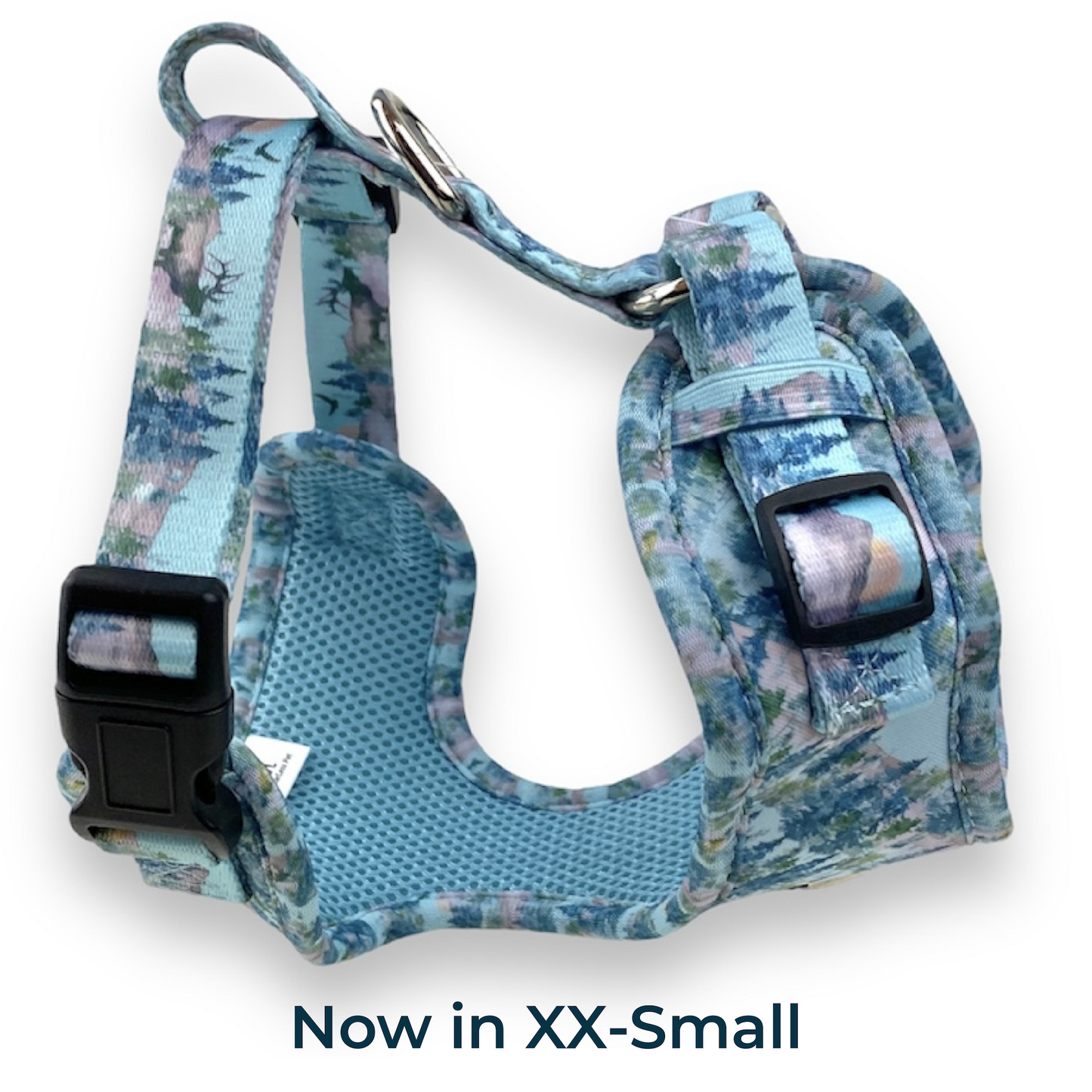 an image of an extra extra small dog harness with watercolor trees print caption reads now in xx-small