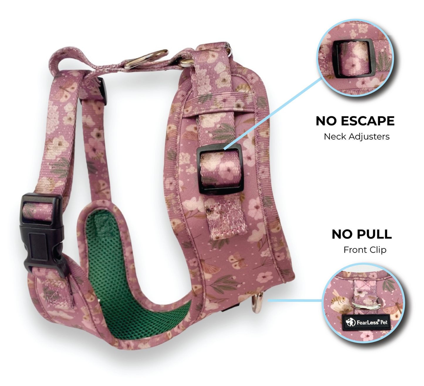 an image of a dusty rose colored pink small dog harness with bees and butterflies no escape dog harness from fearless pet for small and medium dogs