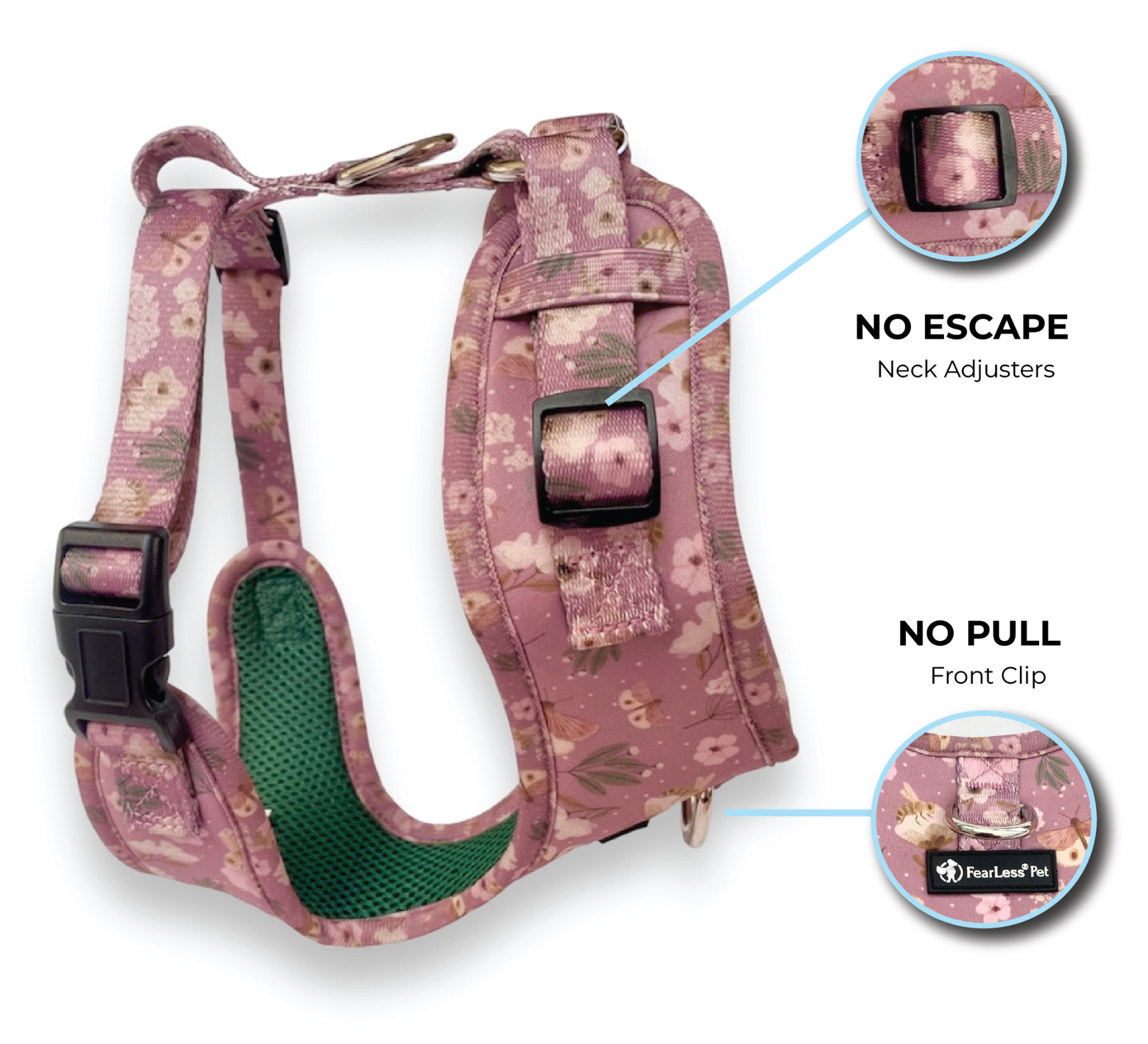 an image of a dusty rose colored pink small dog harness with bees and butterflies no escape dog harness from fearless pet for small and medium dogs