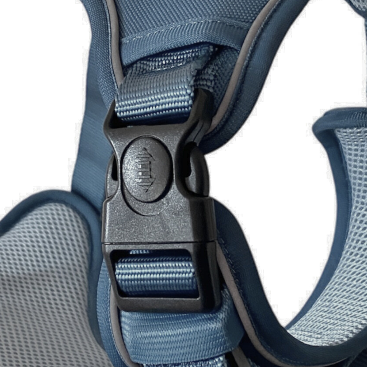 a close up photo of a steel blue locking dog harness neck buckle from fearless pet