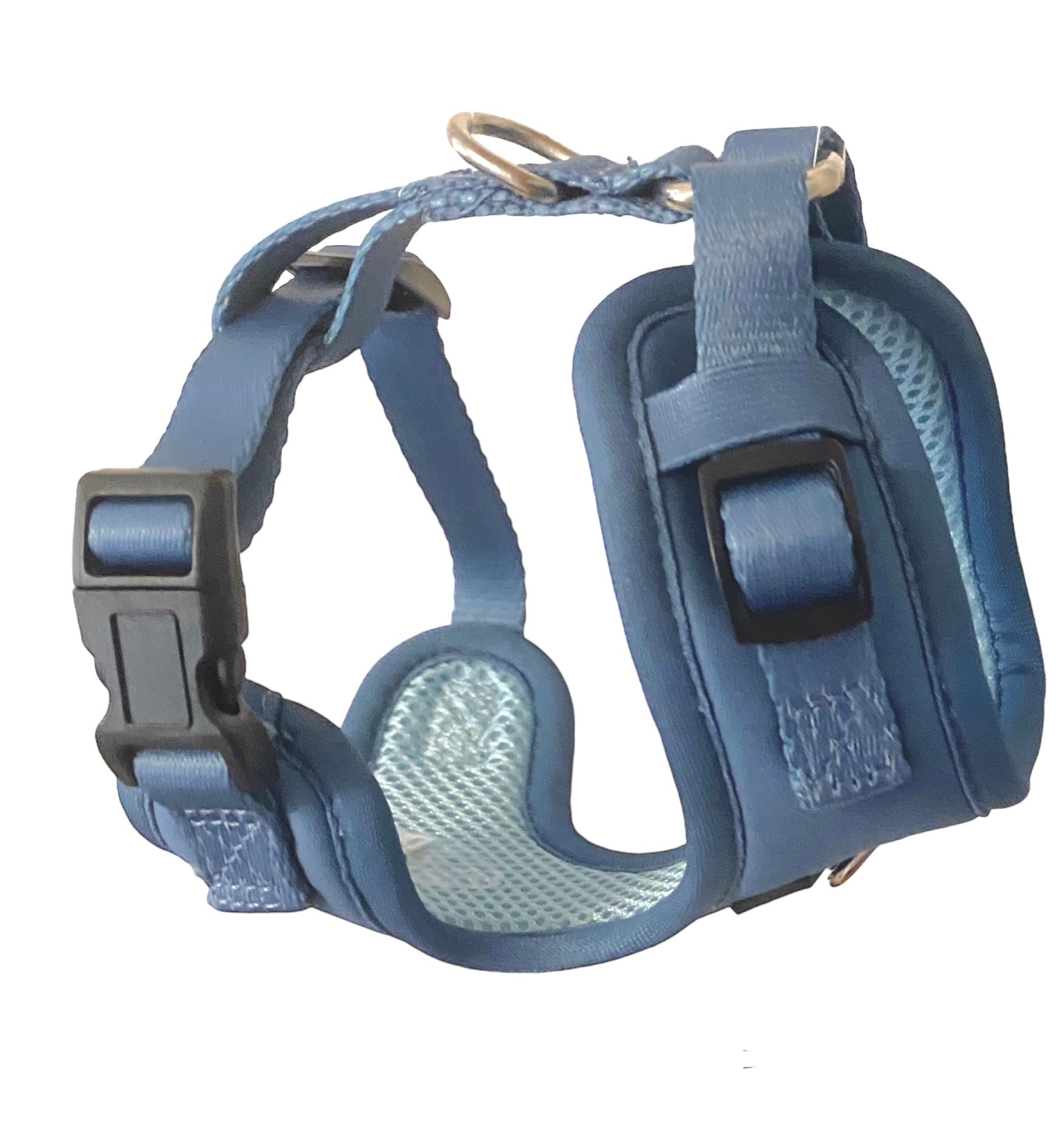 a photograph of a denim blue extra small dog harness with a front clip and back clip from fearless pet