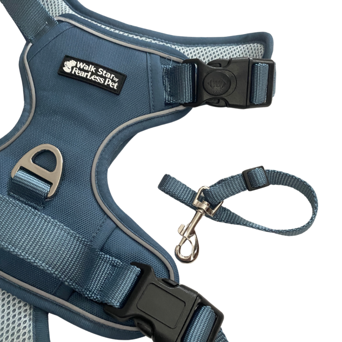 an image of a walk star dog training harness in blue with a collar to harness strap next to it