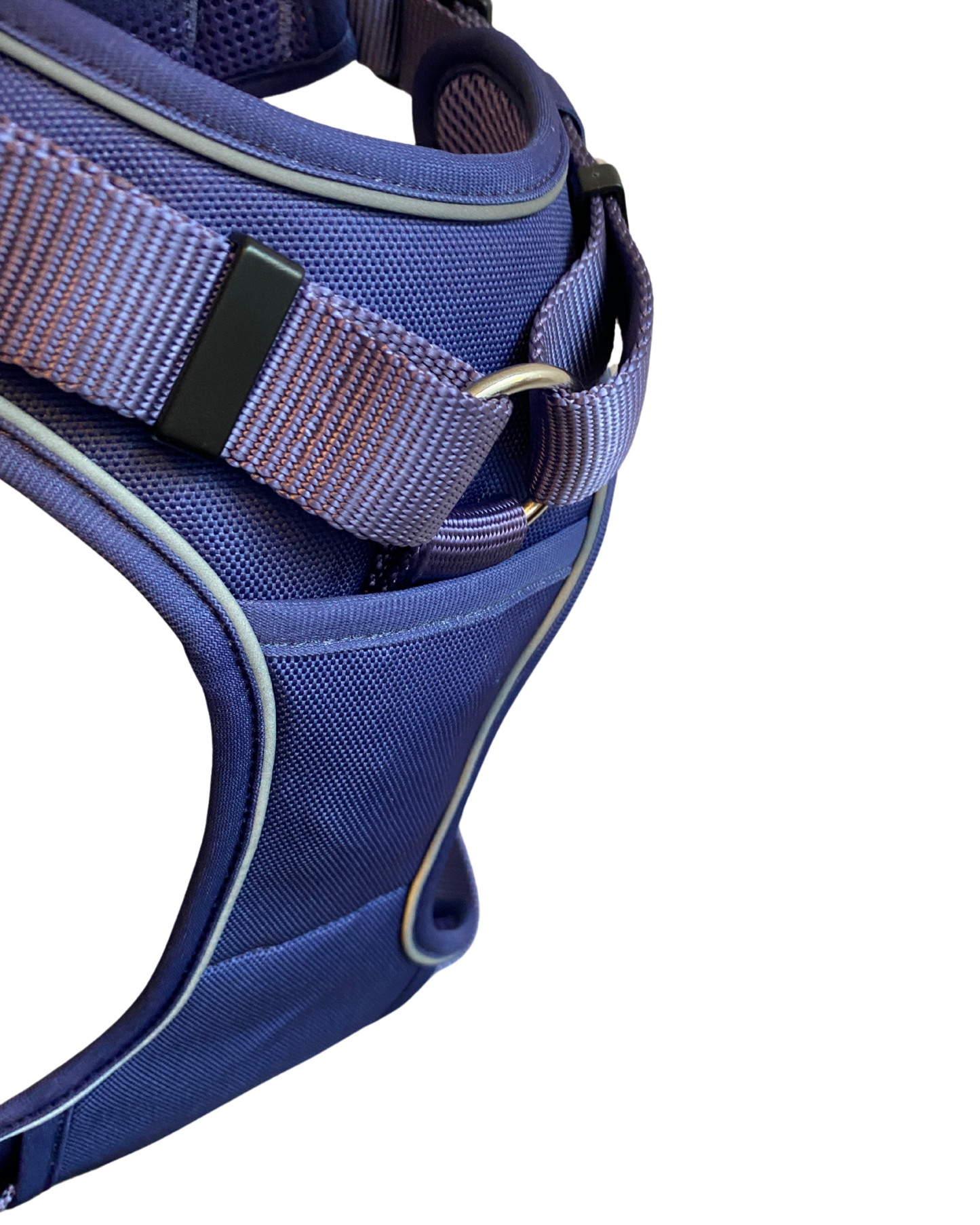 a close up image of a no pull front clip h harness walk star by fearless pet