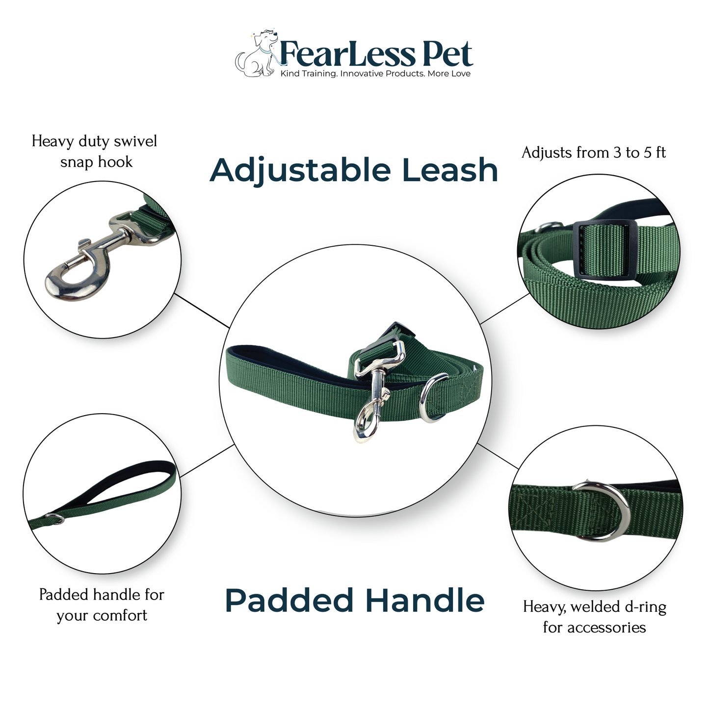 an infographic for a green adjustable dog leash with a padded handle from fearless pet