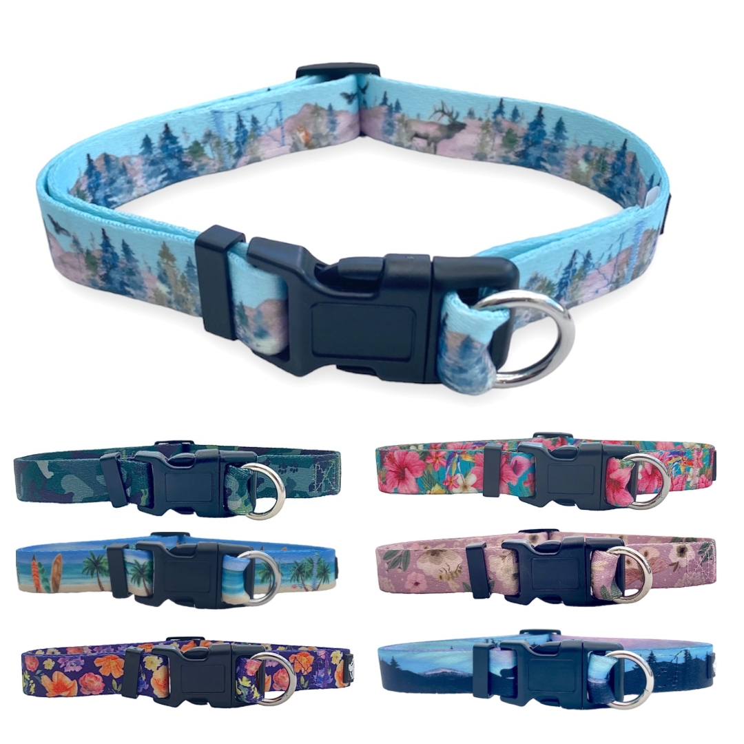 a photo of all of the custom dog collar prints from fearless pet the prints are forest, camo, beach, hawaiian print floral and northern lights dog collar