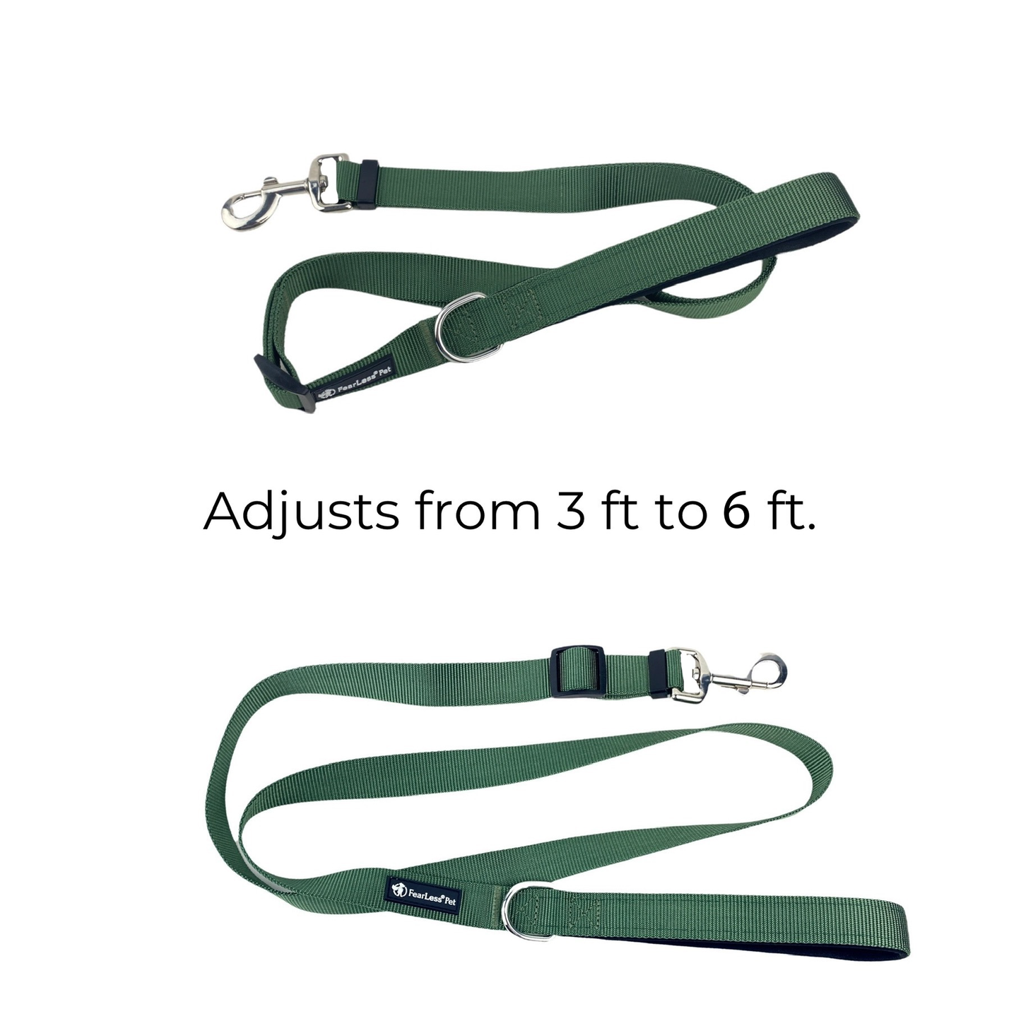 a photo of an adjustable leash that adjusts from 3 to 6 feet from fearless pet