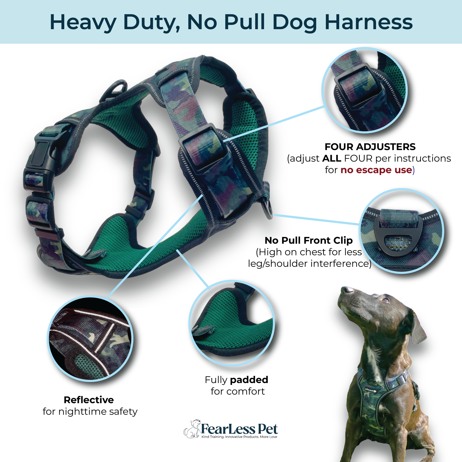 an infographic for a medium large puppy harness from fearless pet the harness is escape proof and no pull for puppies and adult dogs weighing 35 lbs and up
