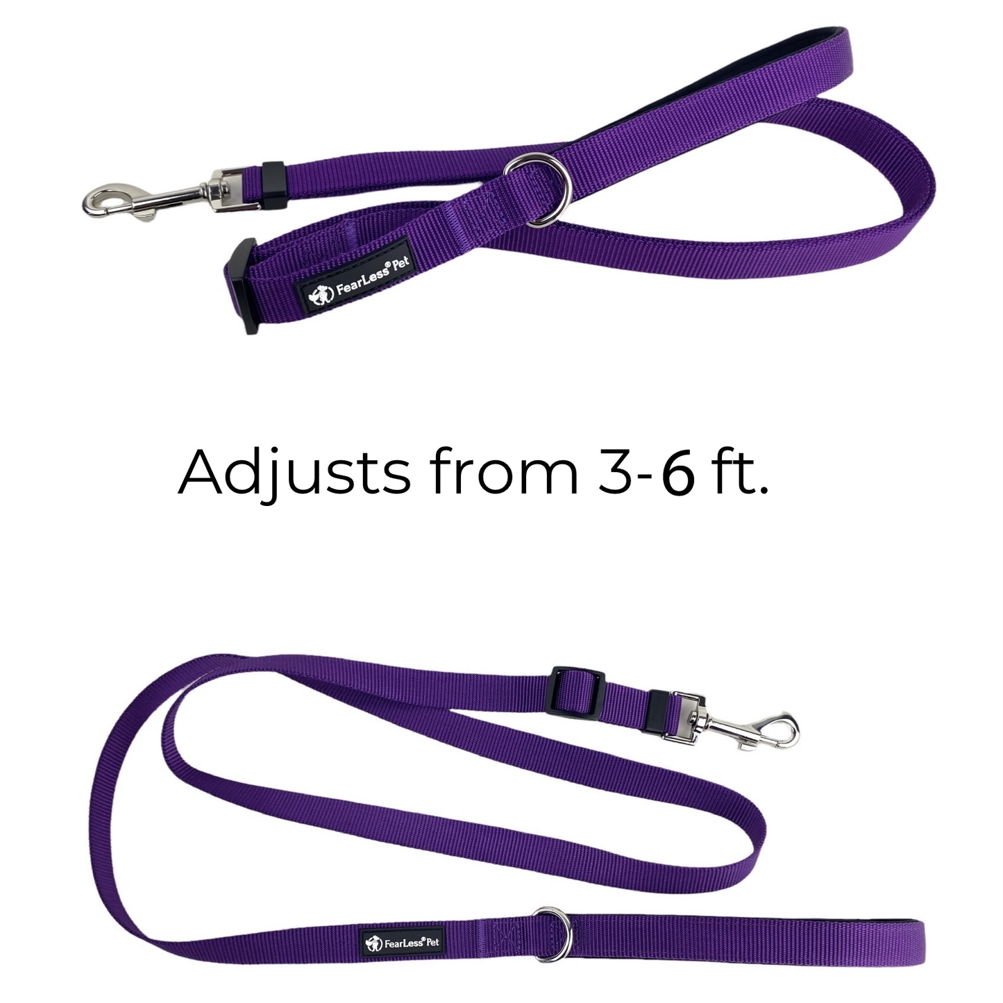 an image showing a purple adjustable dog leash that goes up to 6 feet