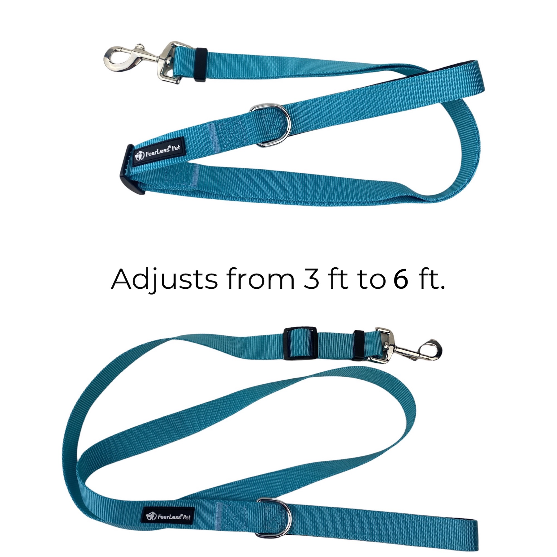 a photo of two blue adjustable dog leashes showing the adjust from 3 to 6 feet