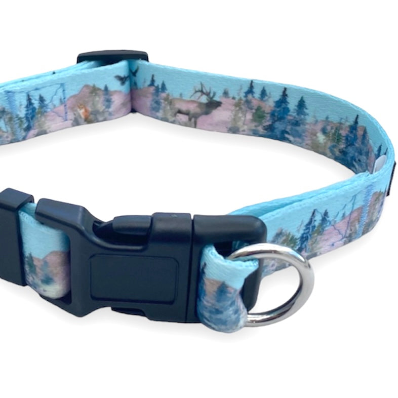 a close up of a safe cinch dog collar buckle and oring in a watercolor trees forest dog collar