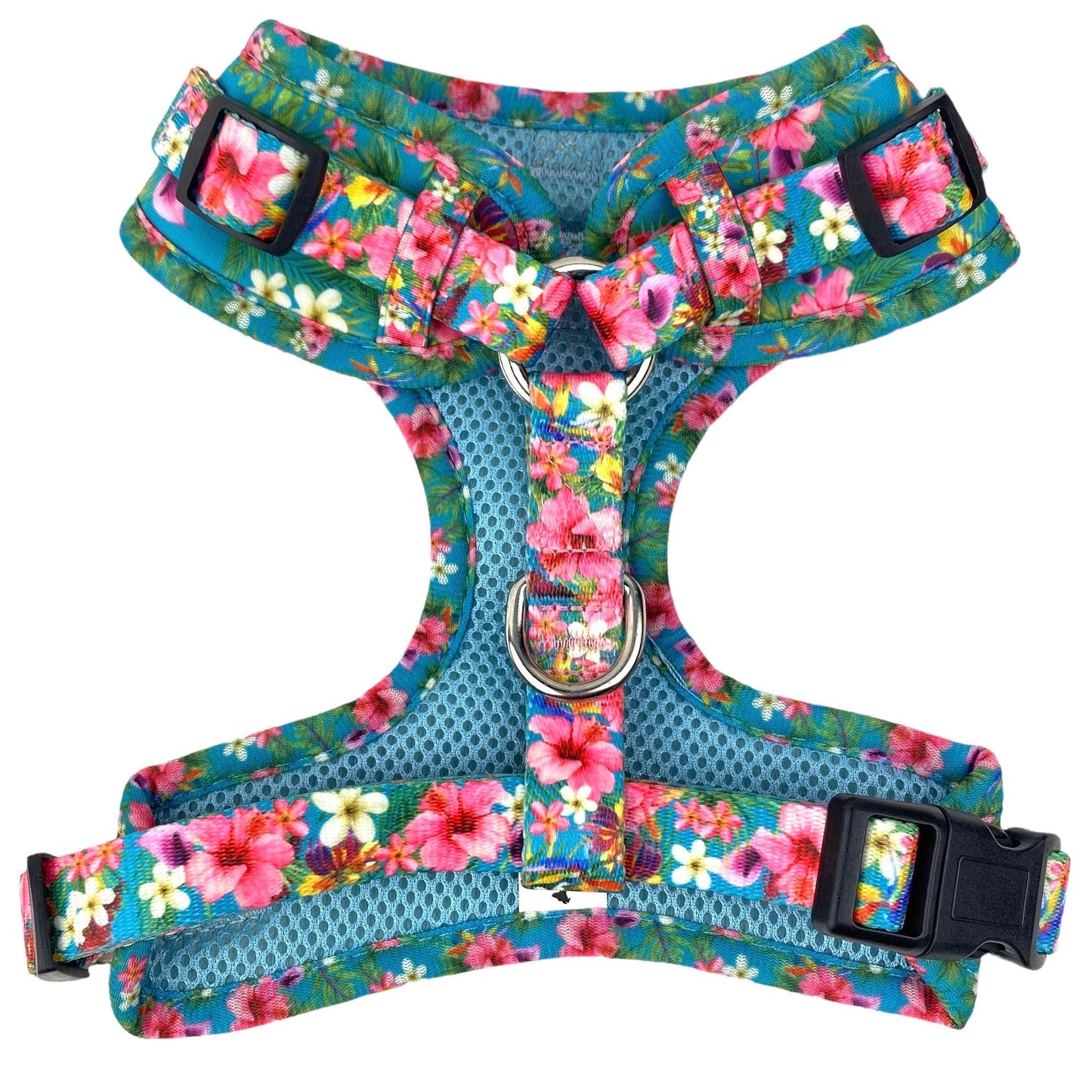 back view of our no pull adjustable dog harness fearless pet girl dog harness in floral