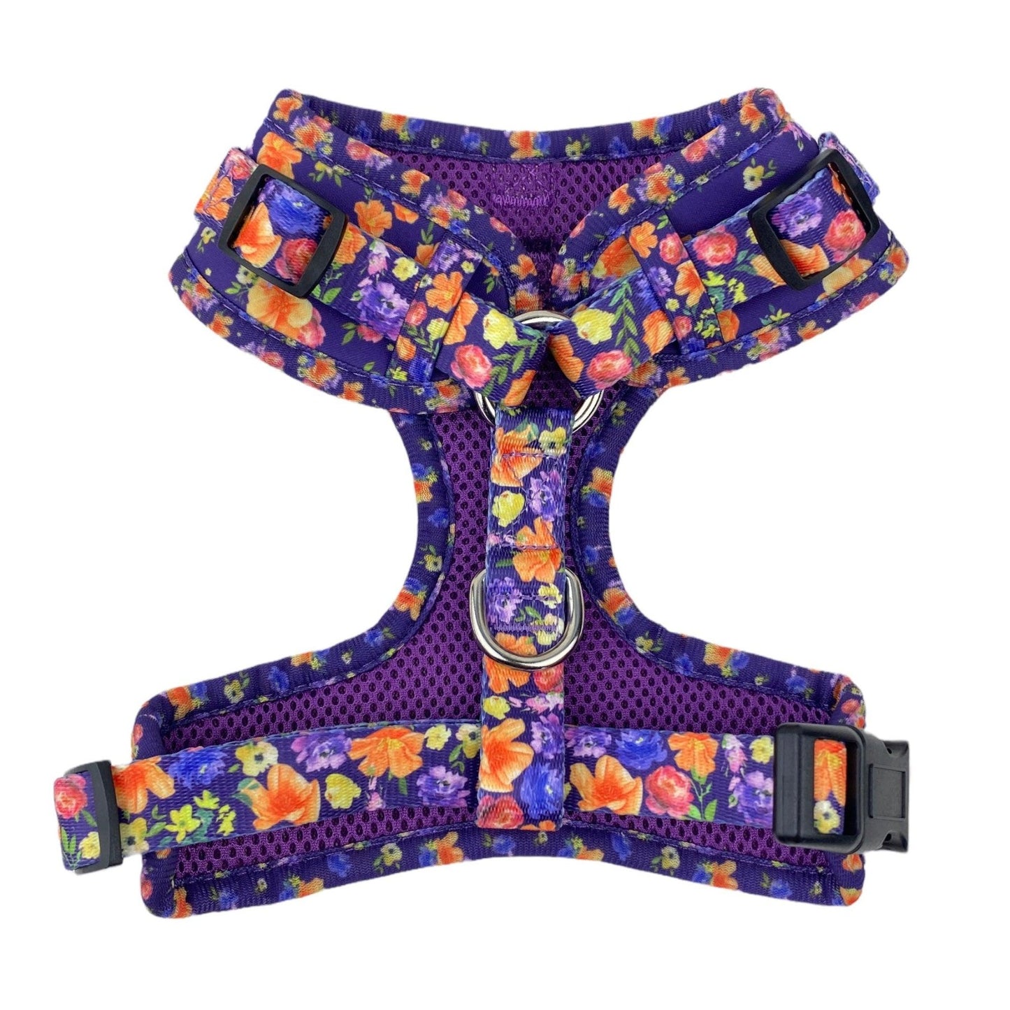 a no pull padded harness from fearless pet in purple floral pring