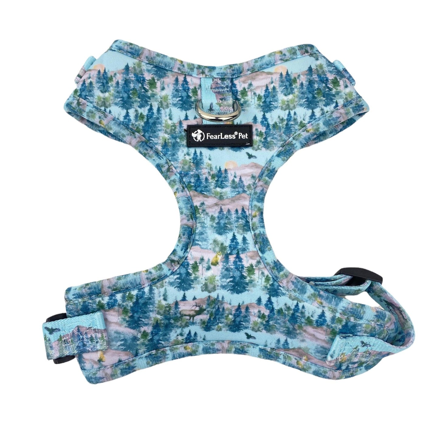 front view of our trees forest outdoor print escape proof small dog harness