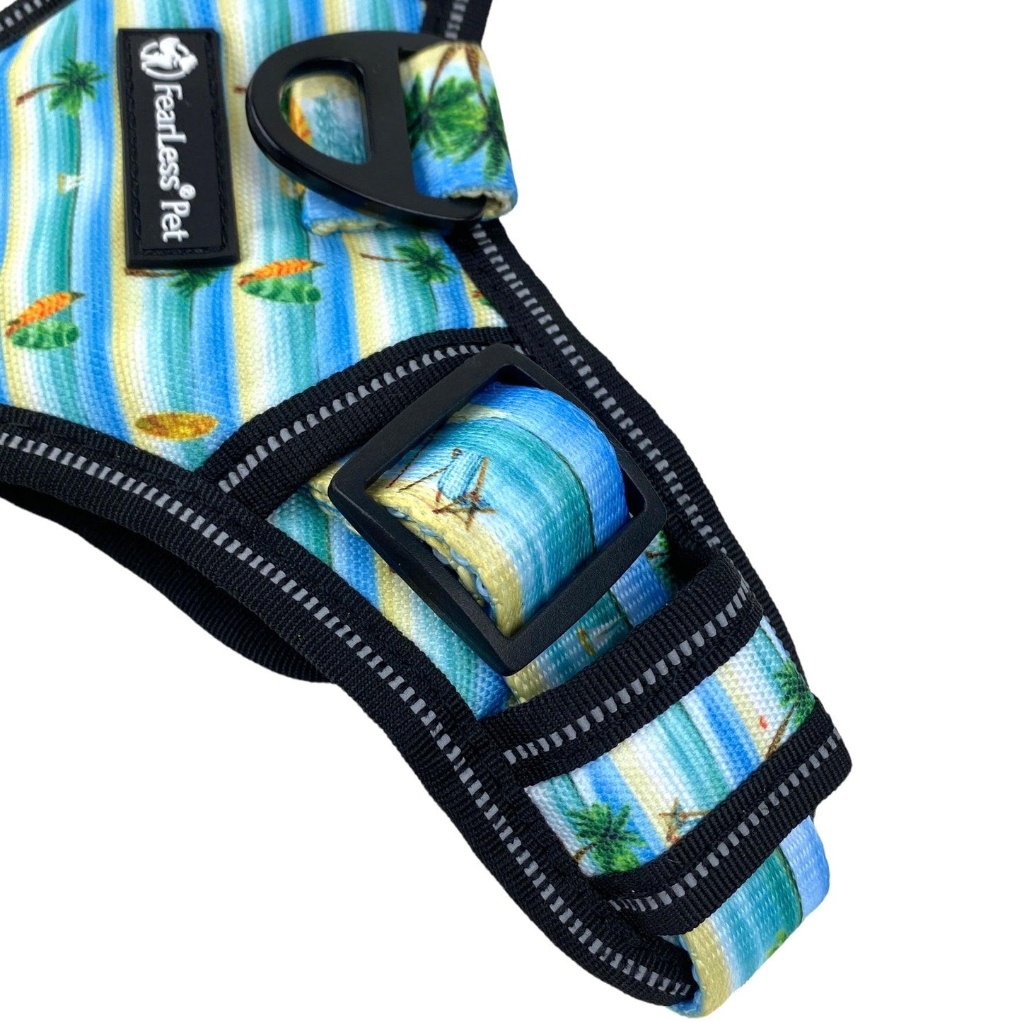 a photo of a close up view of an adjustable no pull no escape dog harness