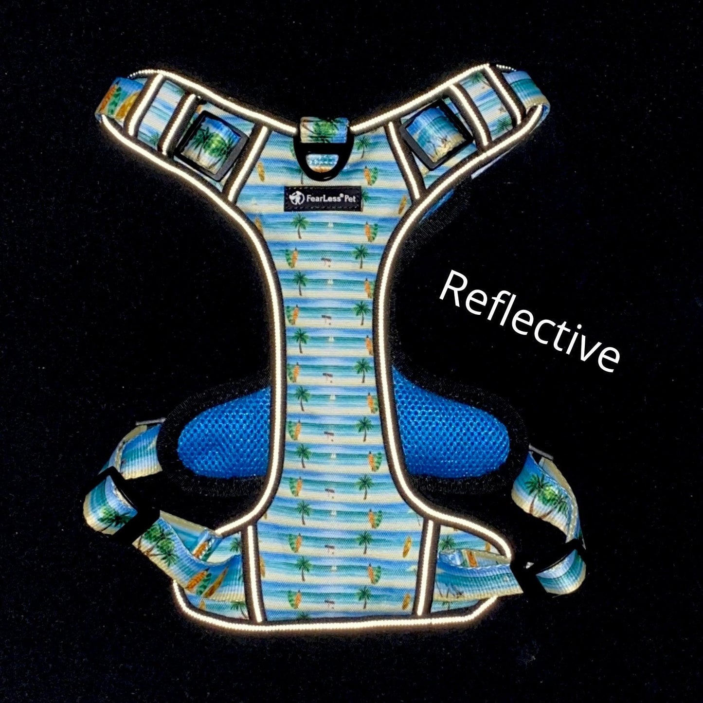 a photo of beach palm tree dog harness in the dark with reflective trim