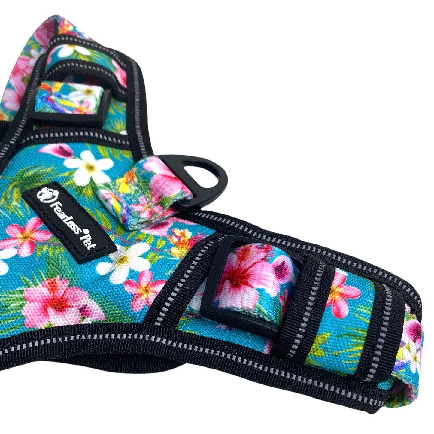 a close up photo of a no pull dog harness from fearless pet