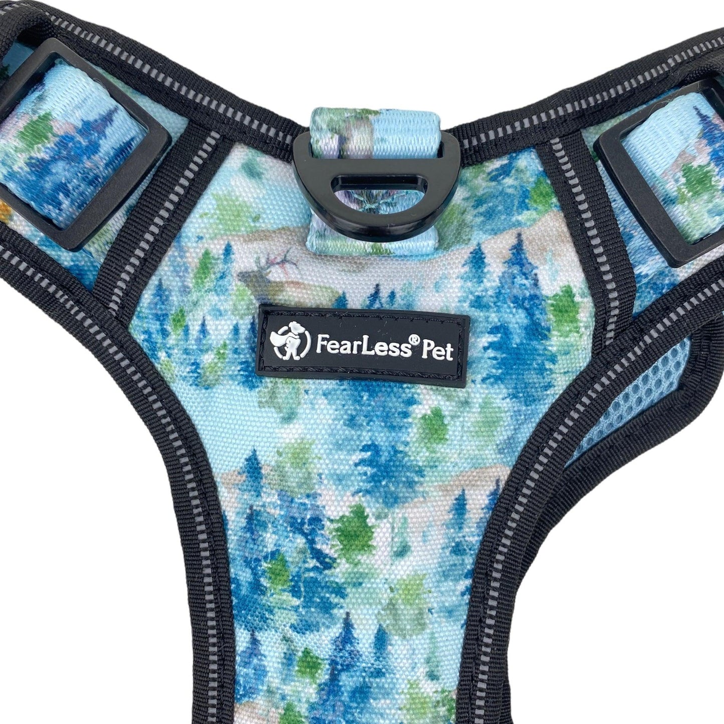 close up of no pull harness front clip harness from fearless pet
