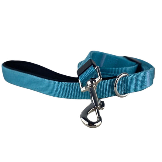 a photo of a bright blue dog leash that is adjustable and has a padded handle dog leash by fearless pet