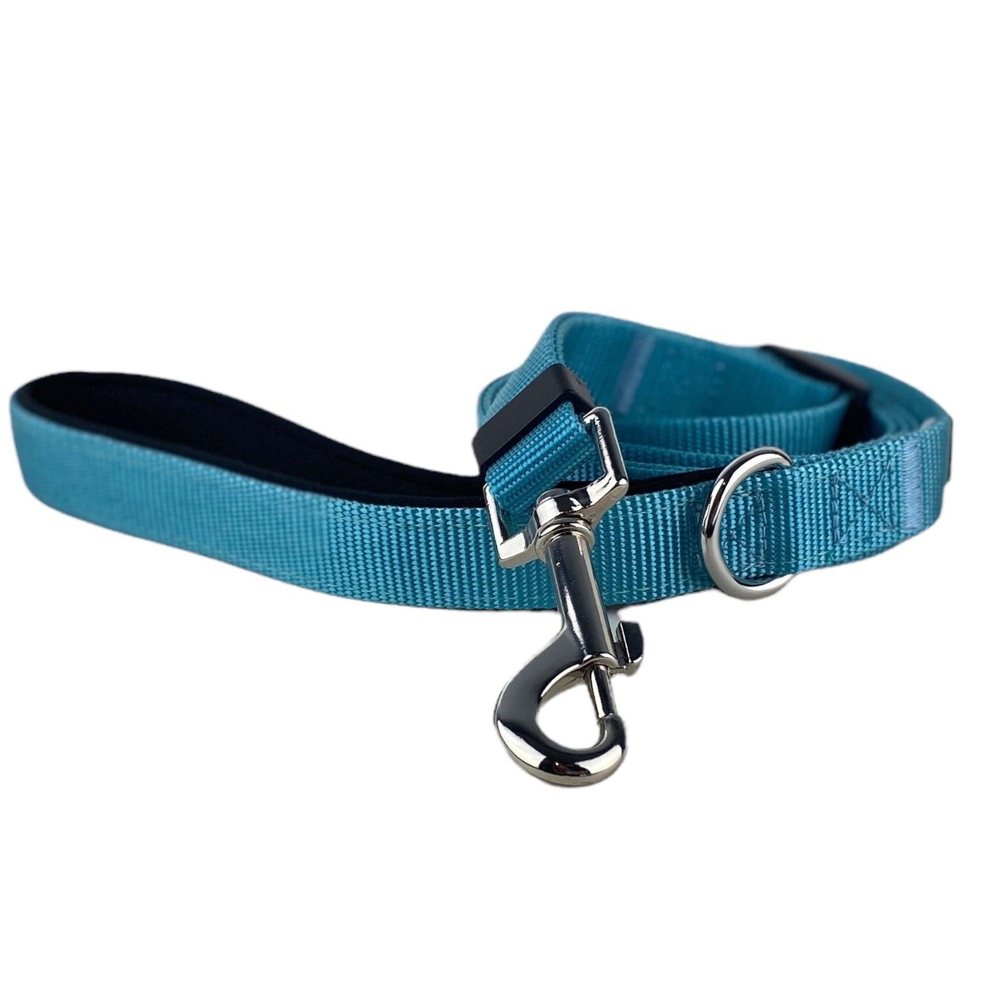 a photo of a bright blue dog leash that is adjustable and had a padded handle dog leash by fearless pet