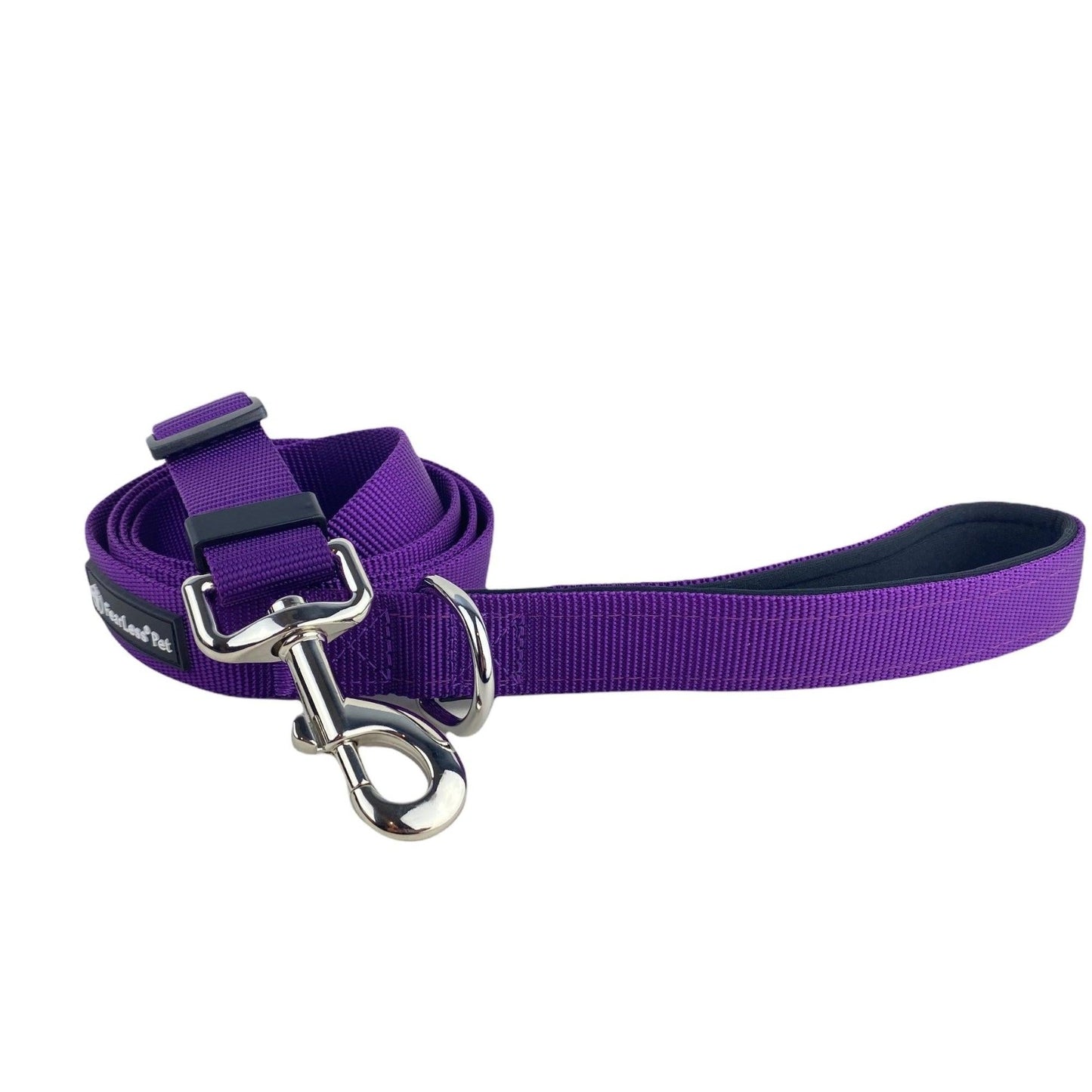 a photo of a bright purple adjustable dogleash with a ring at the handle from fearless pet