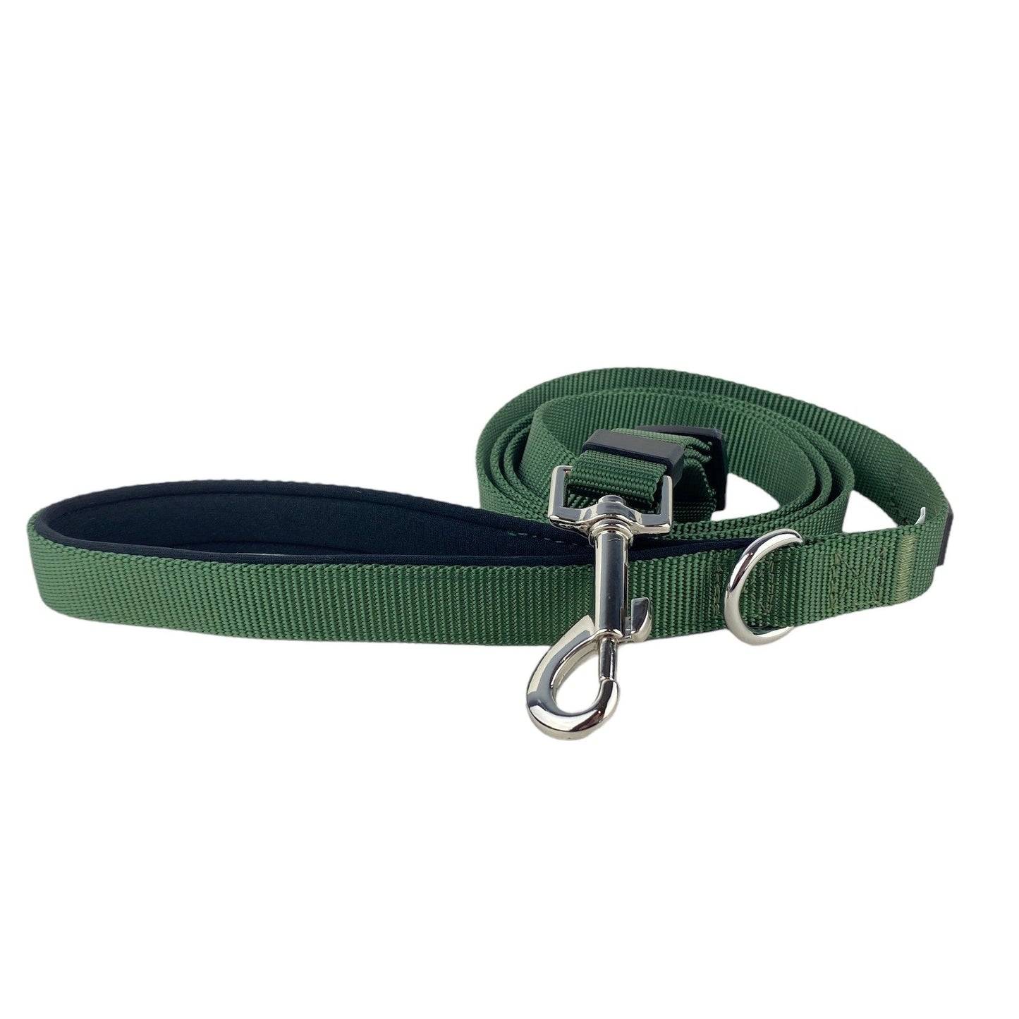 A photo of a green padded handle dog leash that adjusts from 3.5 to 6 feet from fearless pet