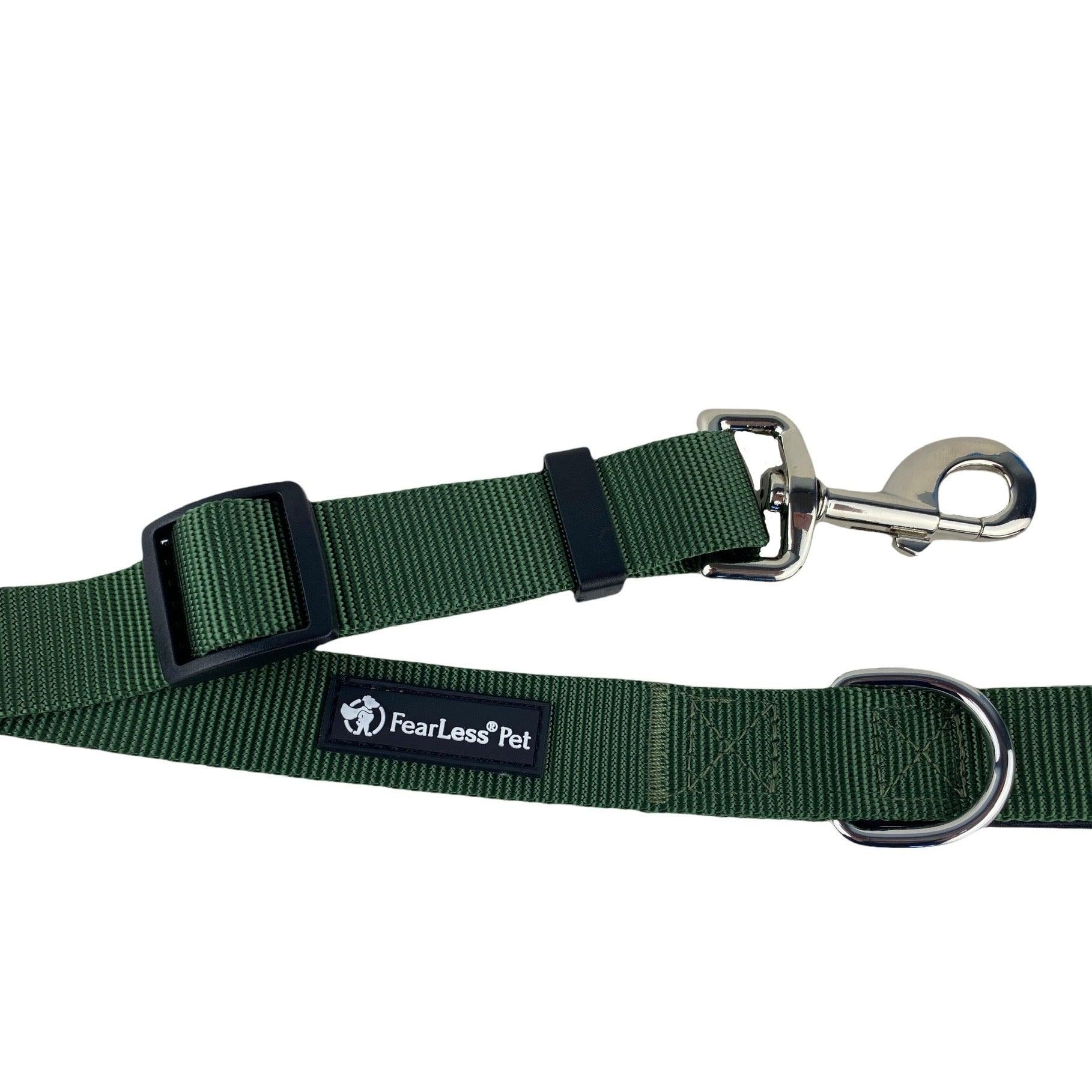 a photo of the features of a green adjustable dog leash with a padded handle from fearless pet