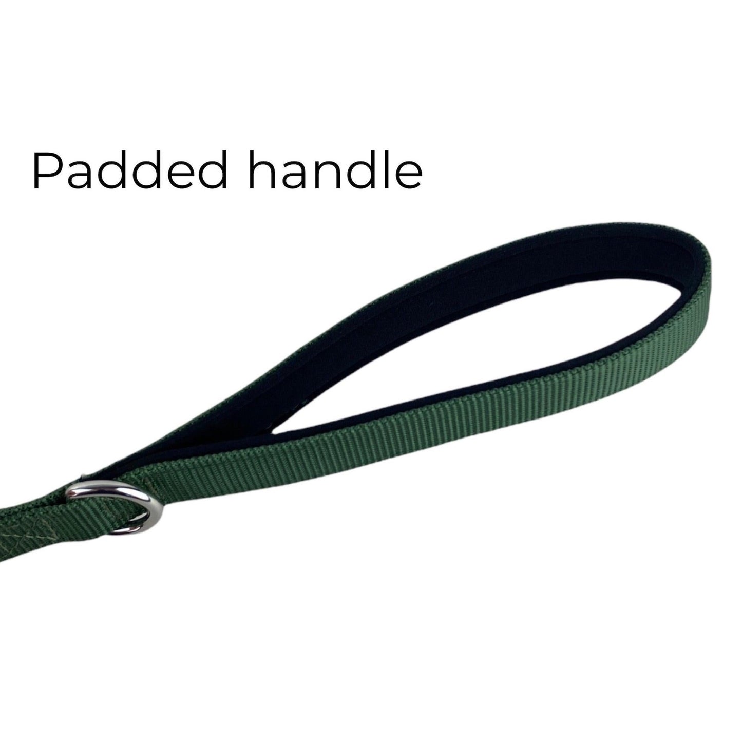 close up photo of a padded handle of an adjustable green dog leash from fearless pet