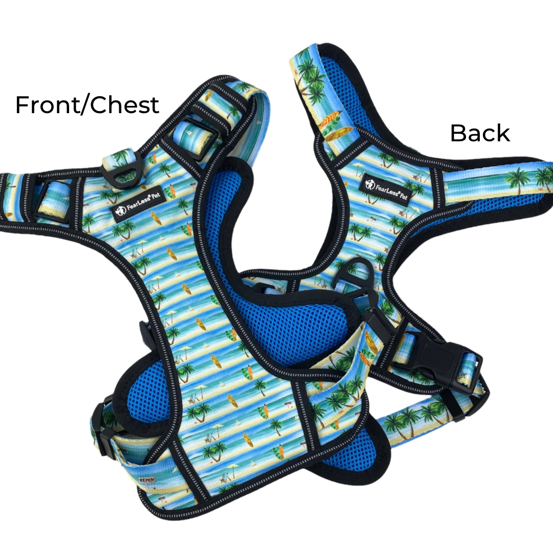 a photo of the front and back of our beach themed medium and large dog harness 