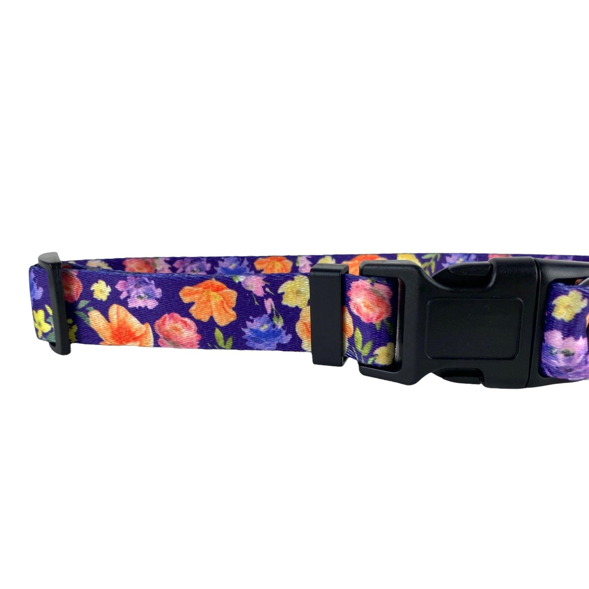 close up of a purple floral dog collar