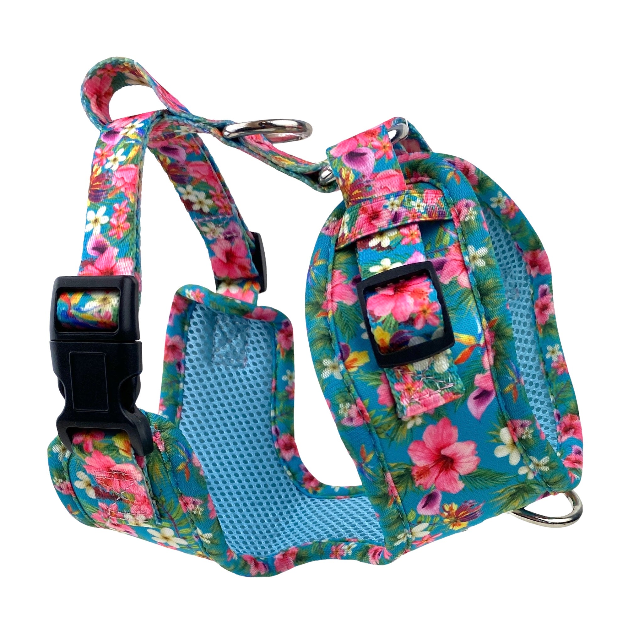 a 3D image of a no escape harness from Fearless pet in bright teal with Hawaiian flowers print dog harness