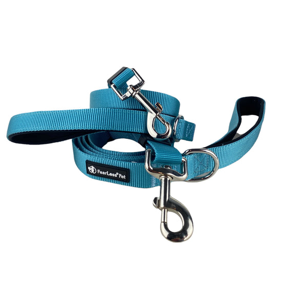 a photograph of a teal blue adjustable leash with a padded handle