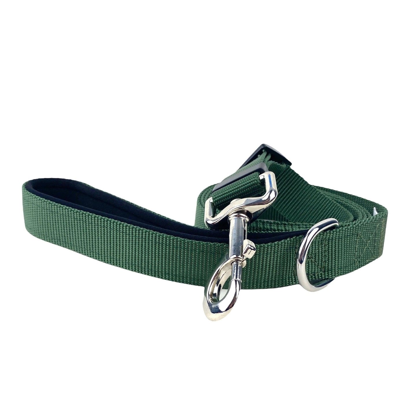 a photograph of a forest green padded handle dog leash by FearLess pet rolled up to show the snap hook