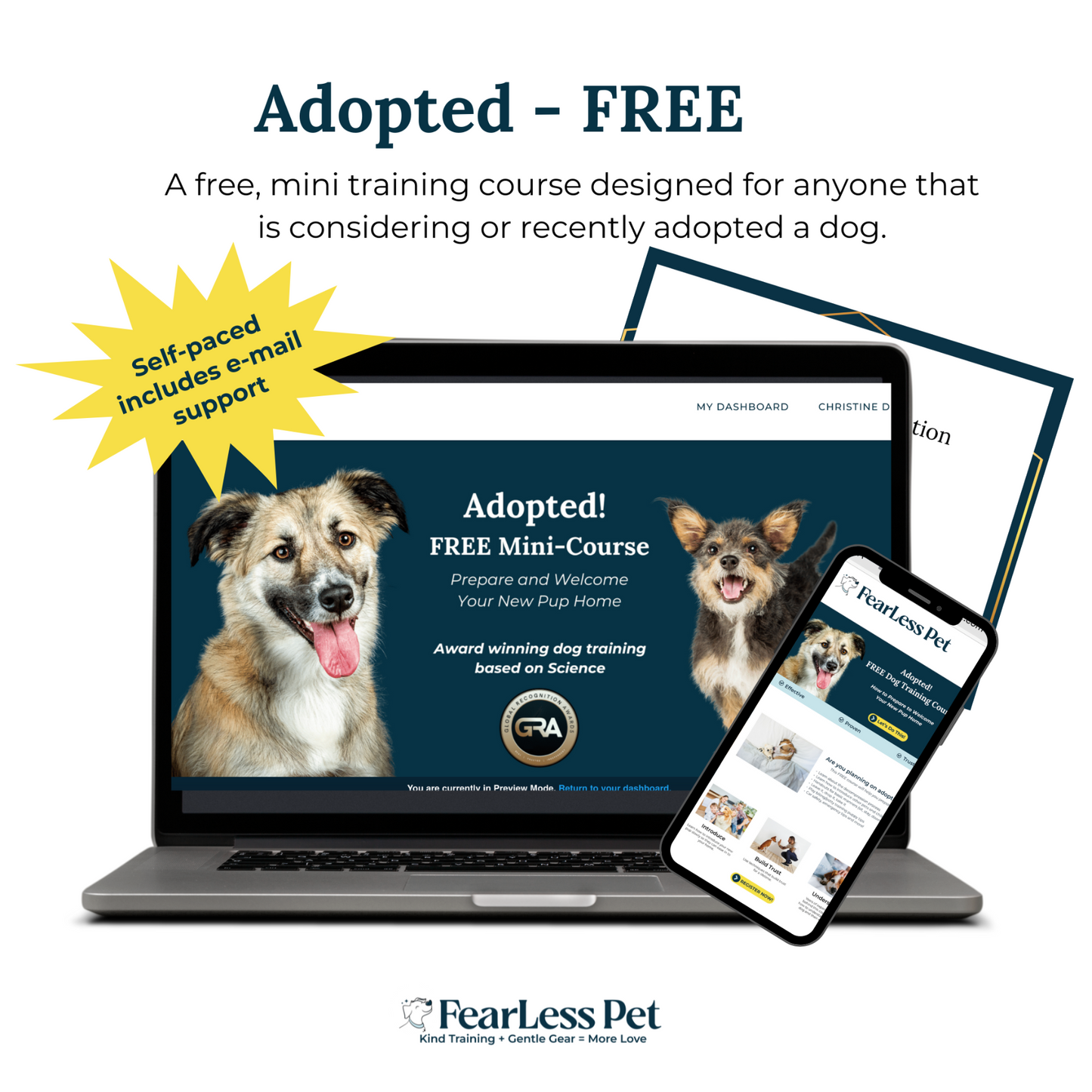 an image for a free adopted dog training class online from fearless pet