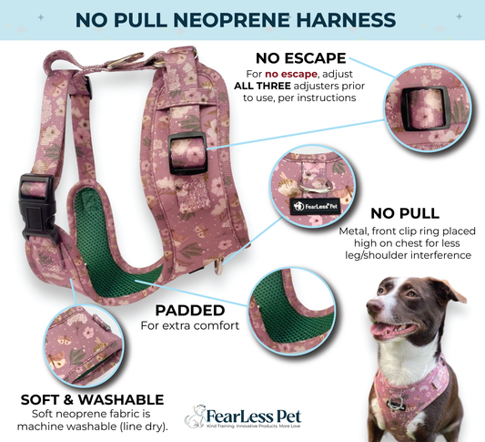 an info graphic for a fearless pet harness showing its features of no escape, no pull, padding and washable
