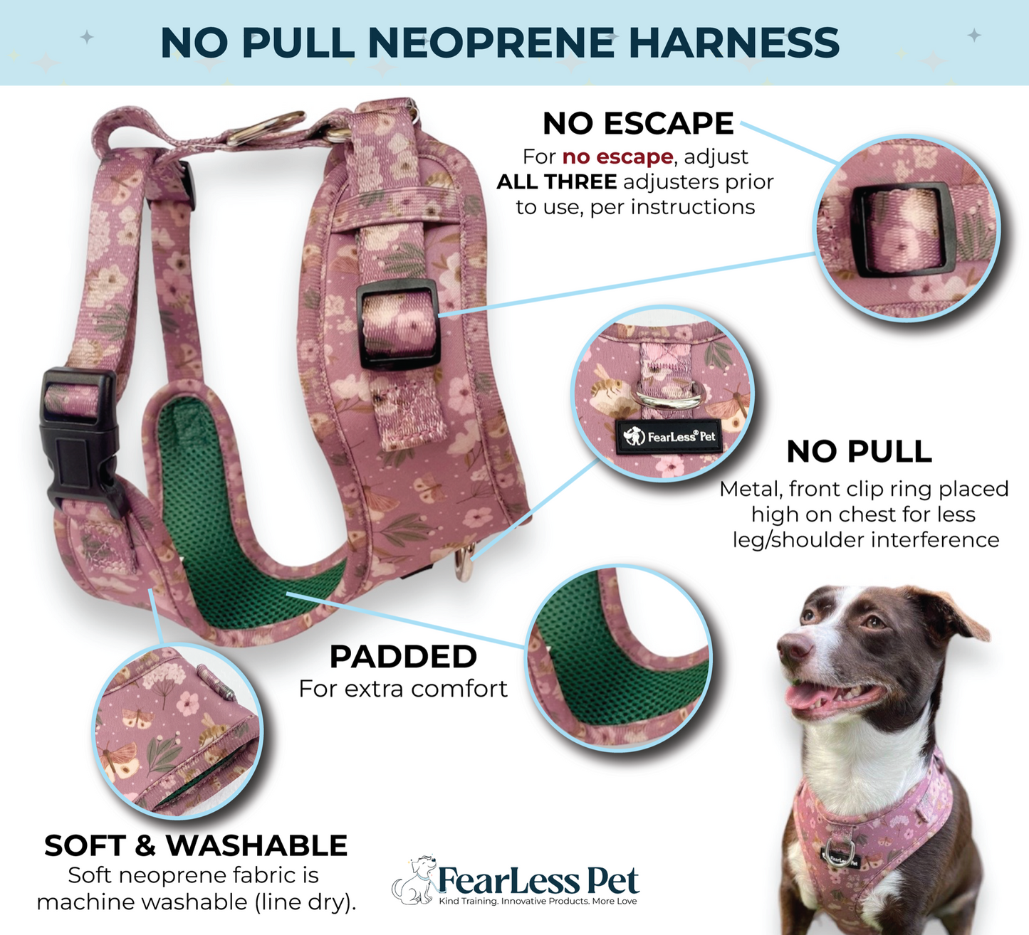 an infographic of a pink dog harness with bees and highlights its features as a no escape small dog harness with a front clip
