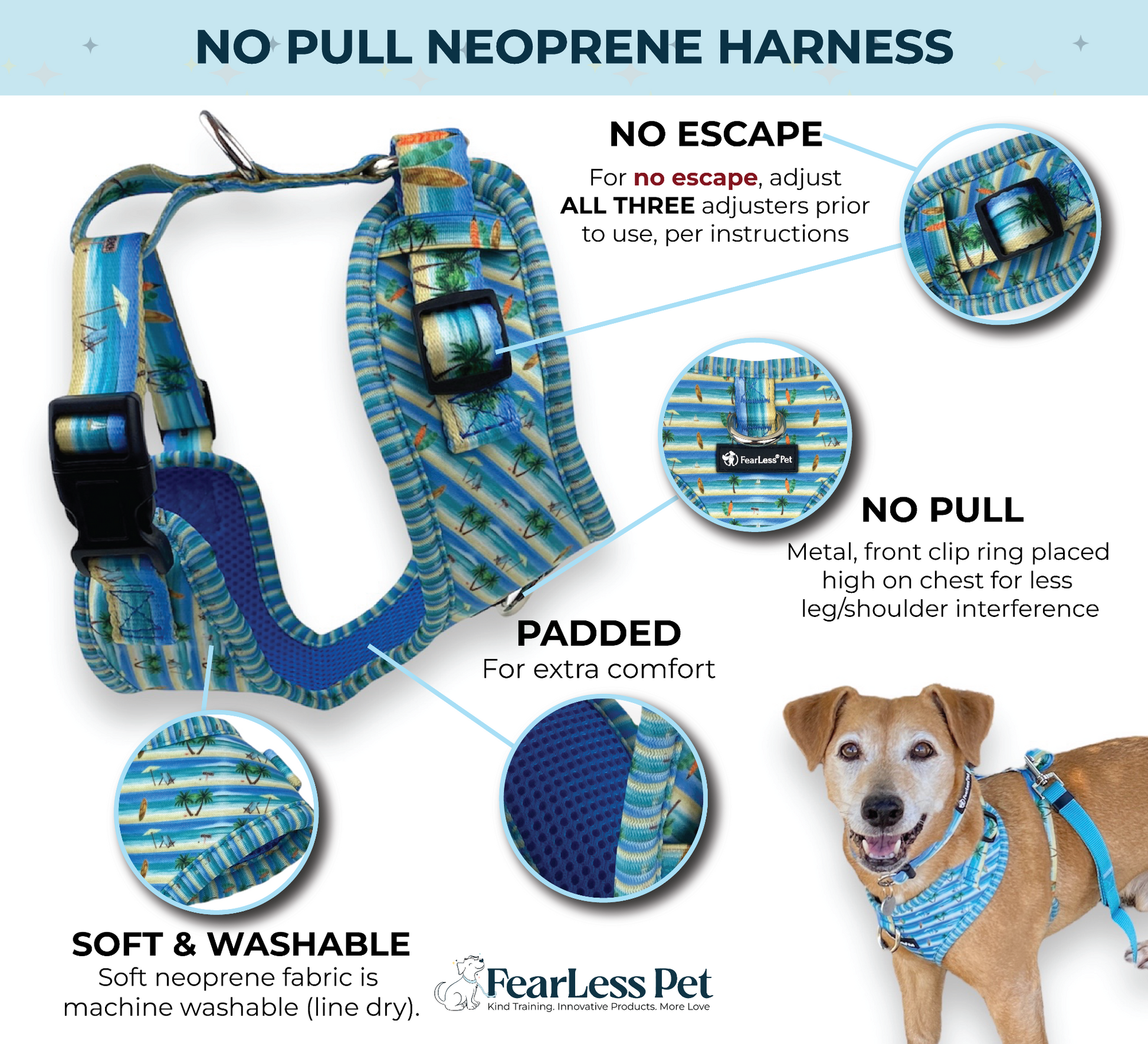 a photo of a beach theme dog harness for small and medium dogs from fearless pet
