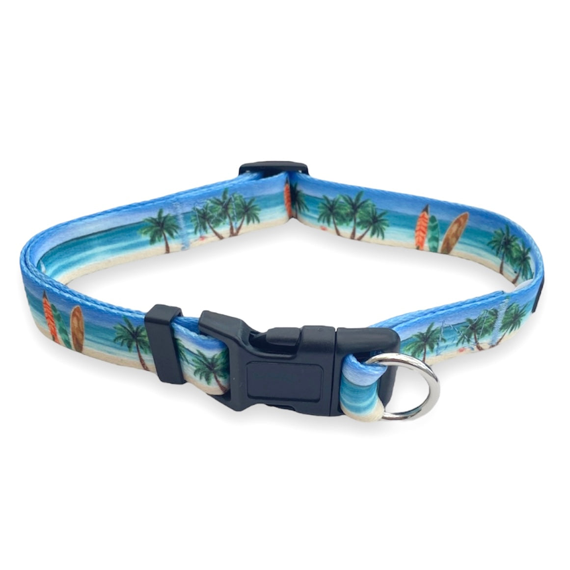 a photo of a beach themed dog collar from fearless pet the collar is a safe cinch no escape collar
