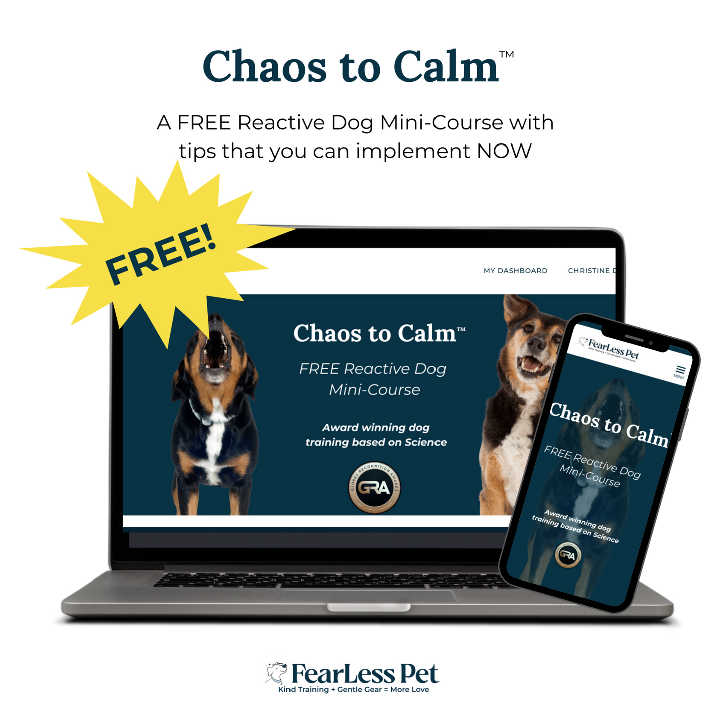 an image showing a free reactive dog training course from fearless pet