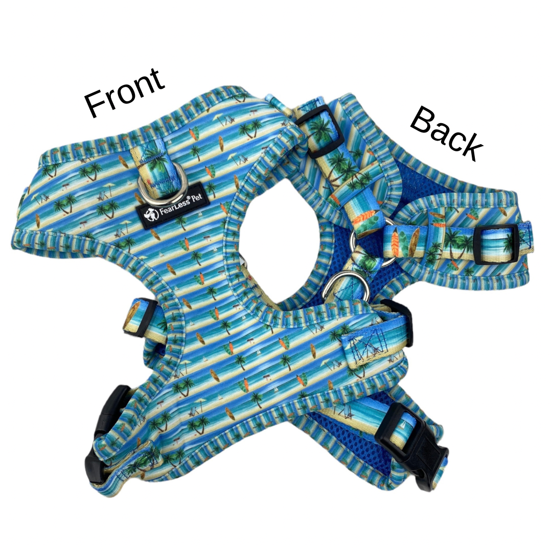 a photo of the front and back of a beach themed dog harness on a white background with the words front and back indicating each